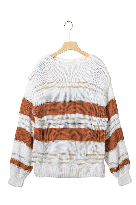 DLLS38 -White Striped Knit Puff Sleeve Casual Sweater