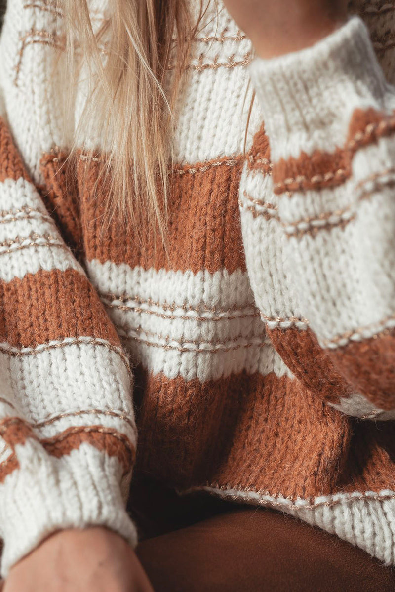 Load image into Gallery viewer, DLLS38 -White Striped Knit Puff Sleeve Casual Sweater
