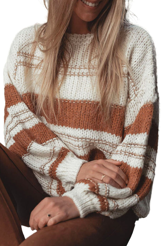 DLLS38 -White Striped Knit Puff Sleeve Casual Sweater