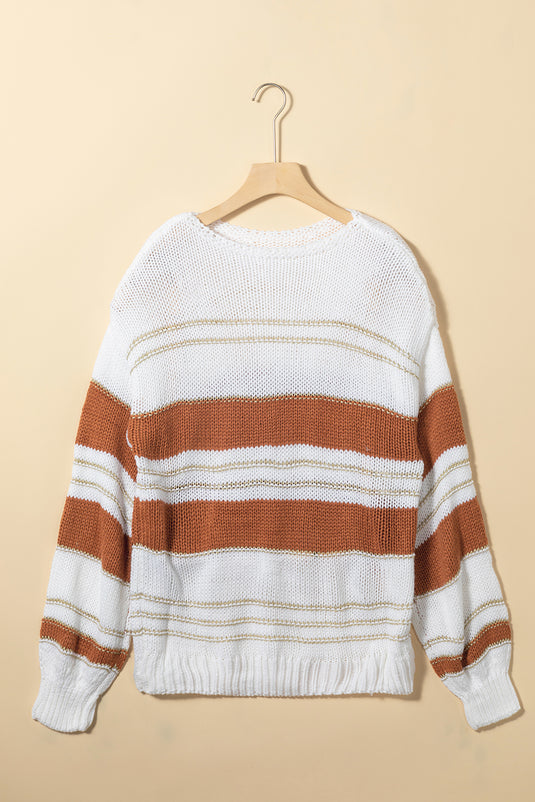 DLLS38 -White Striped Knit Puff Sleeve Casual Sweater