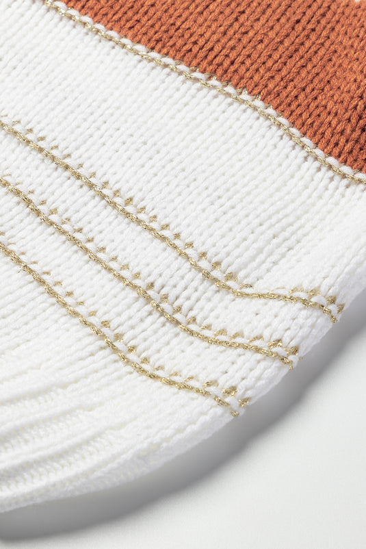 DLLS38 -White Striped Knit Puff Sleeve Casual Sweater
