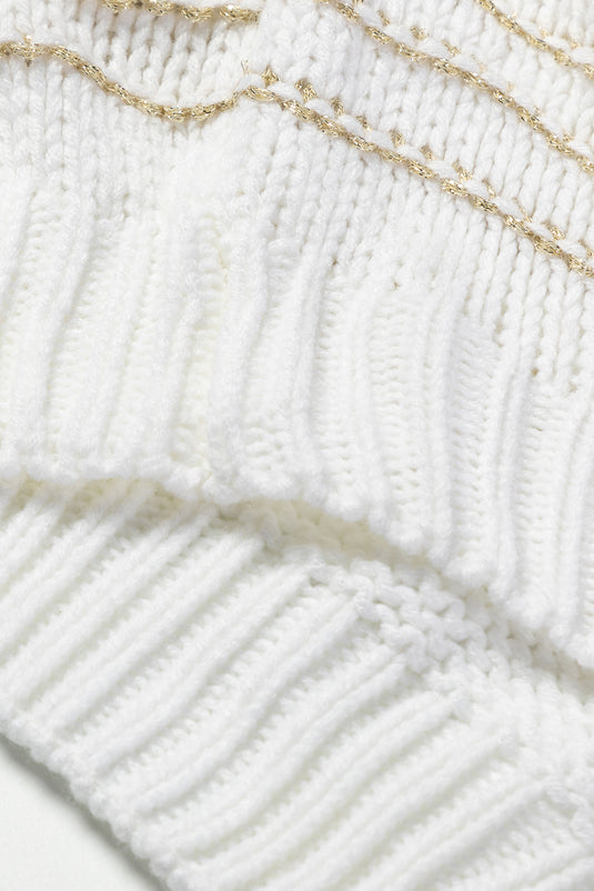 DLLS38 -White Striped Knit Puff Sleeve Casual Sweater