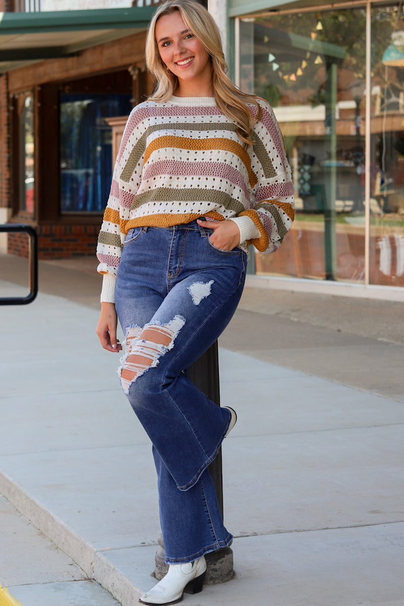 Load image into Gallery viewer, DLLS69 - Multicolor Striped Hollowed Knitted Loose Sweater
