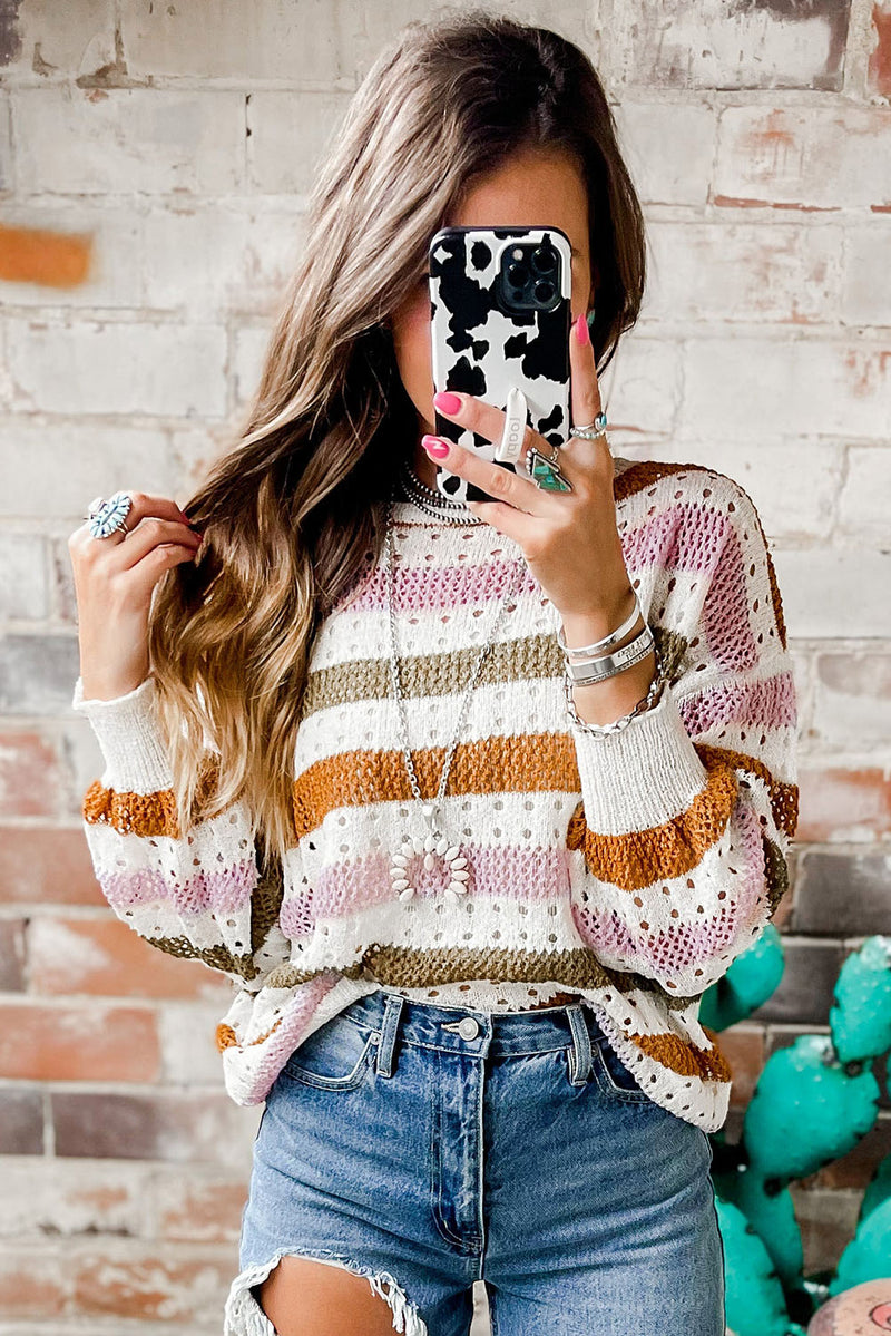 Load image into Gallery viewer, DLLS69 - Multicolor Striped Hollowed Knitted Loose Sweater
