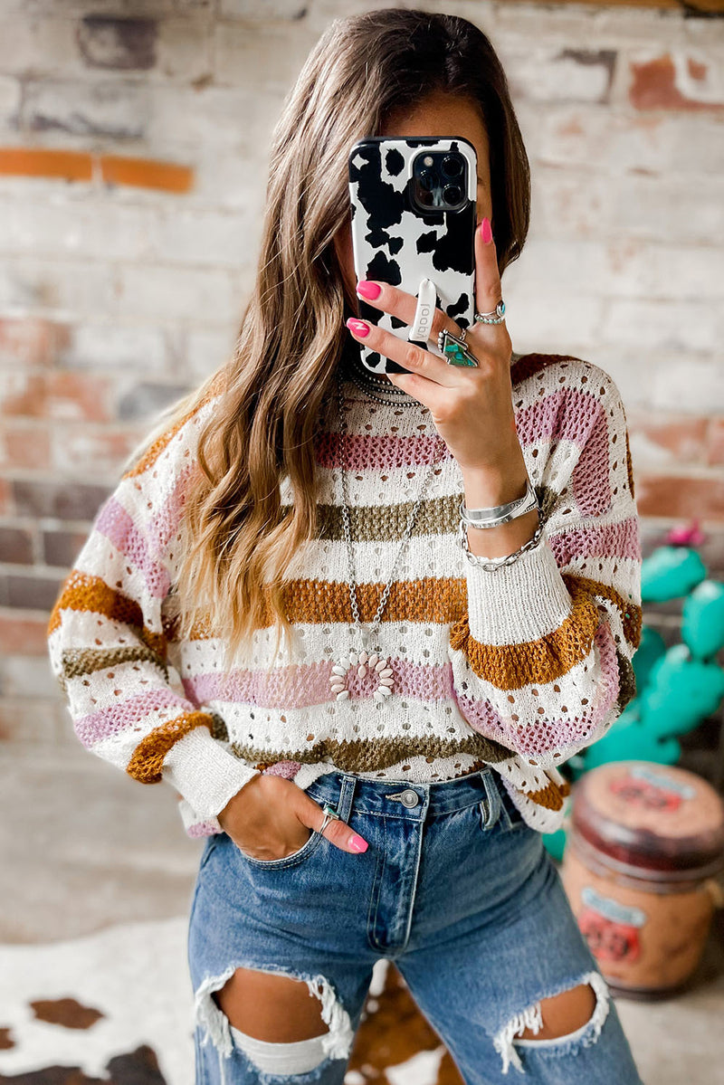 Load image into Gallery viewer, DLLS69 - Multicolor Striped Hollowed Knitted Loose Sweater
