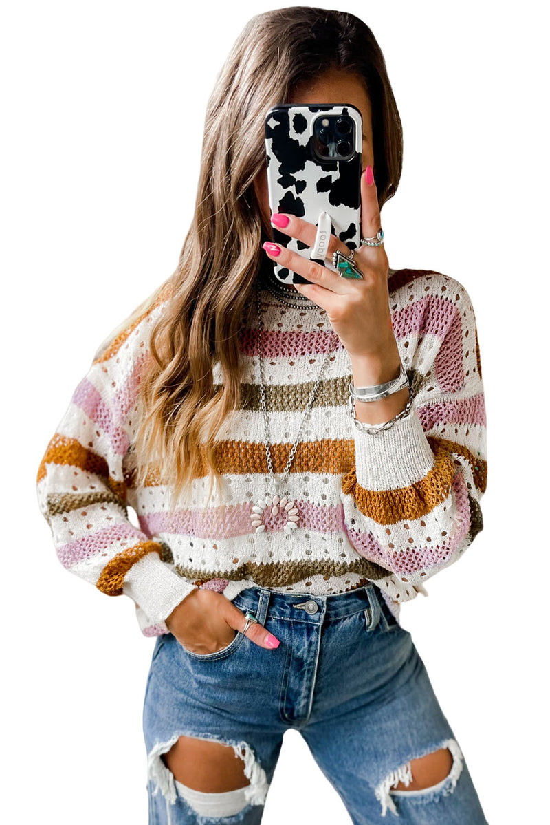 Load image into Gallery viewer, DLLS69 - Multicolor Striped Hollowed Knitted Loose Sweater
