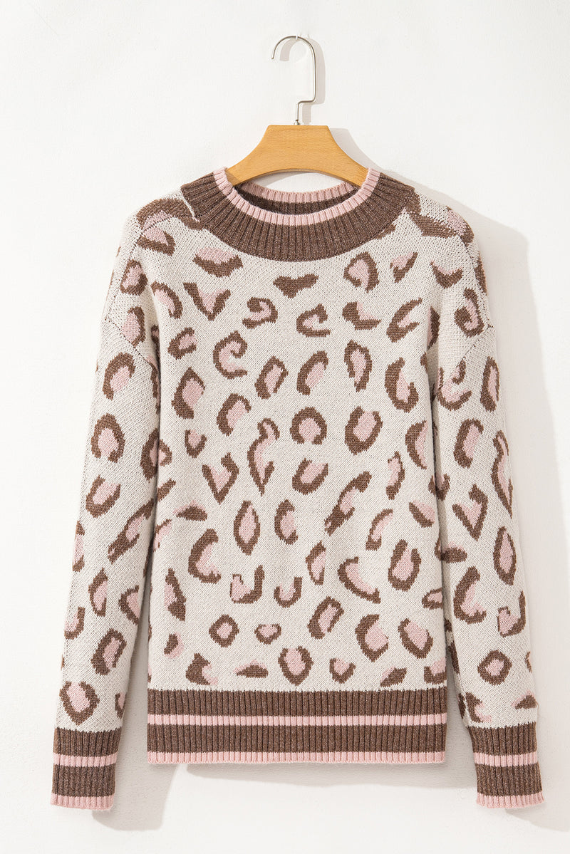 Load image into Gallery viewer, DLLS62 - Brown Two-tone Ribbed Trim Contrast Leopard Sweater
