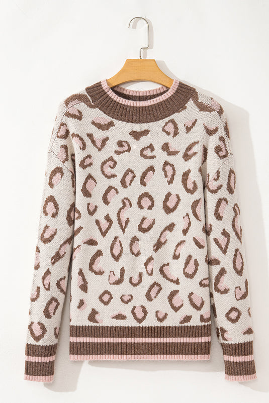 DLLS62 - Brown Two-tone Ribbed Trim Contrast Leopard Sweater