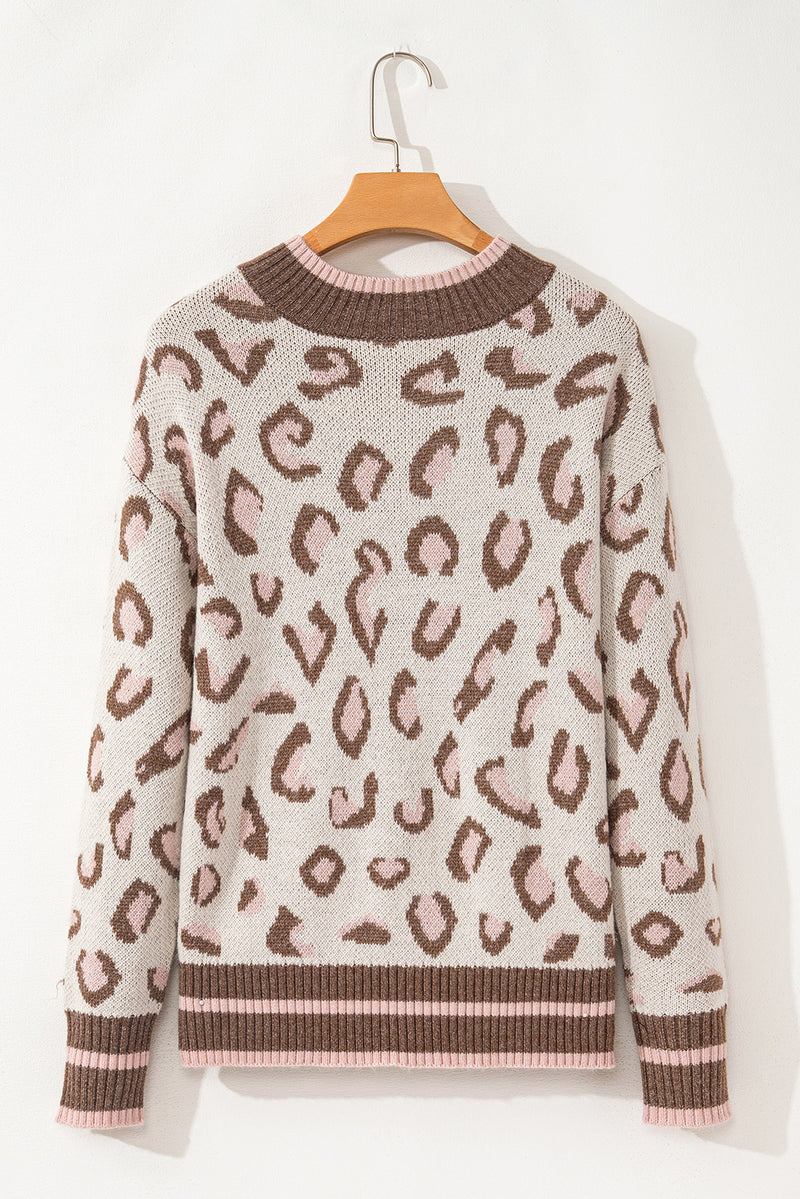 Load image into Gallery viewer, DLLS62 - Brown Two-tone Ribbed Trim Contrast Leopard Sweater

