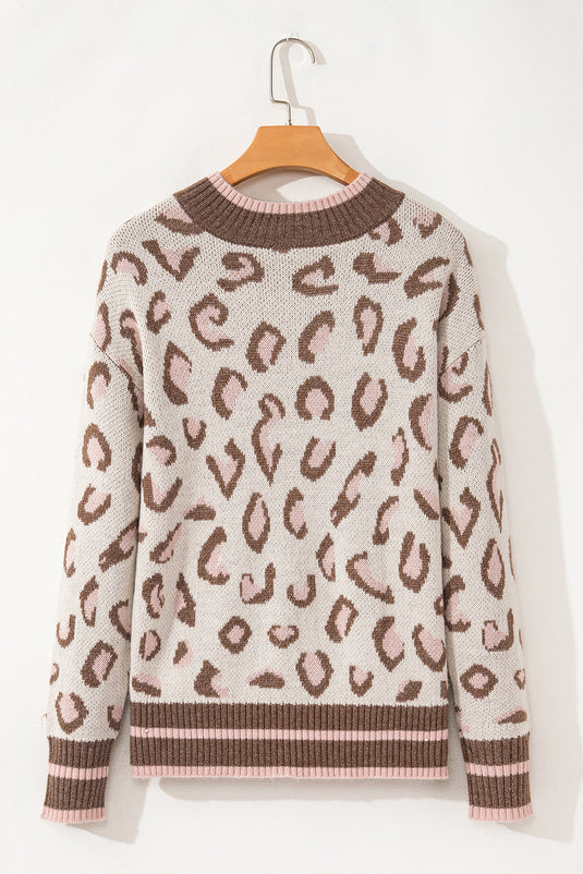 DLLS62 - Brown Two-tone Ribbed Trim Contrast Leopard Sweater