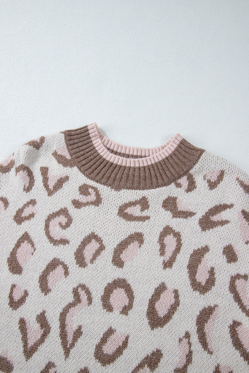 Load image into Gallery viewer, DLLS62 - Brown Two-tone Ribbed Trim Contrast Leopard Sweater
