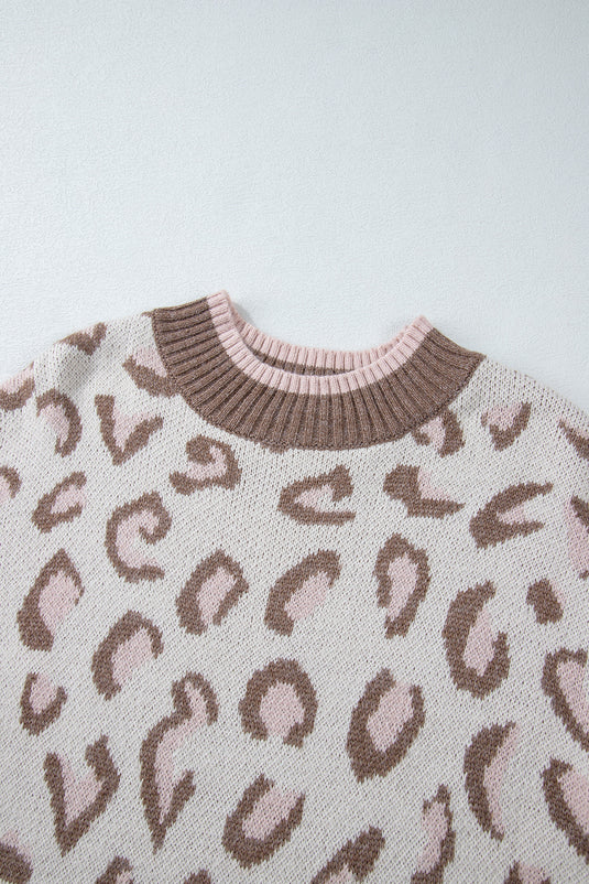 DLLS62 - Brown Two-tone Ribbed Trim Contrast Leopard Sweater