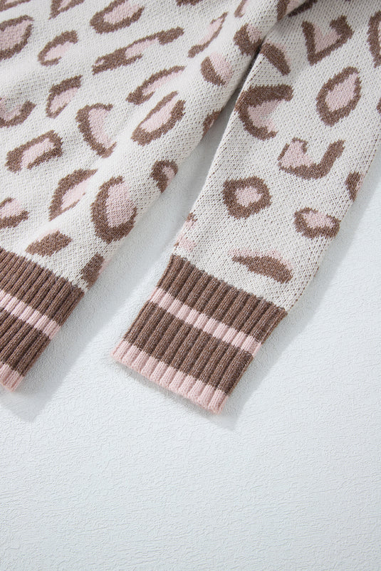 DLLS62 - Brown Two-tone Ribbed Trim Contrast Leopard Sweater
