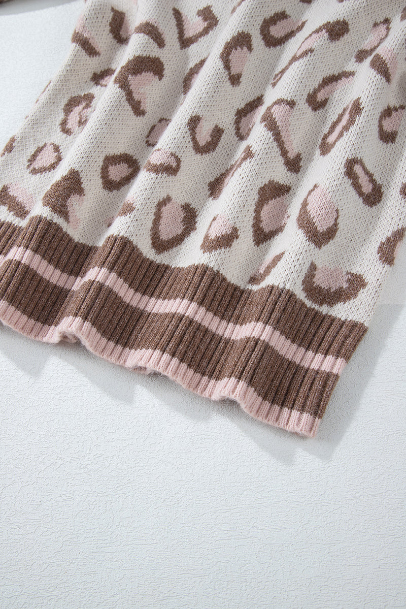 Load image into Gallery viewer, DLLS62 - Brown Two-tone Ribbed Trim Contrast Leopard Sweater
