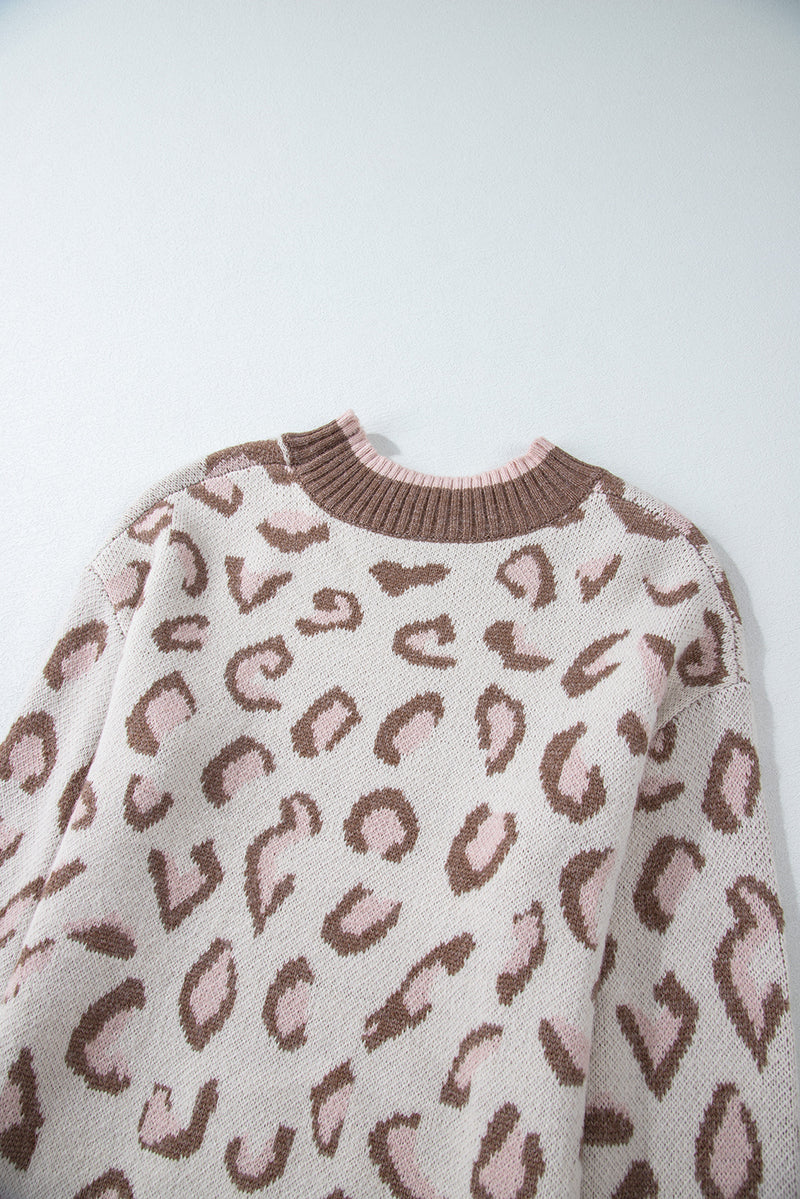 Load image into Gallery viewer, DLLS62 - Brown Two-tone Ribbed Trim Contrast Leopard Sweater
