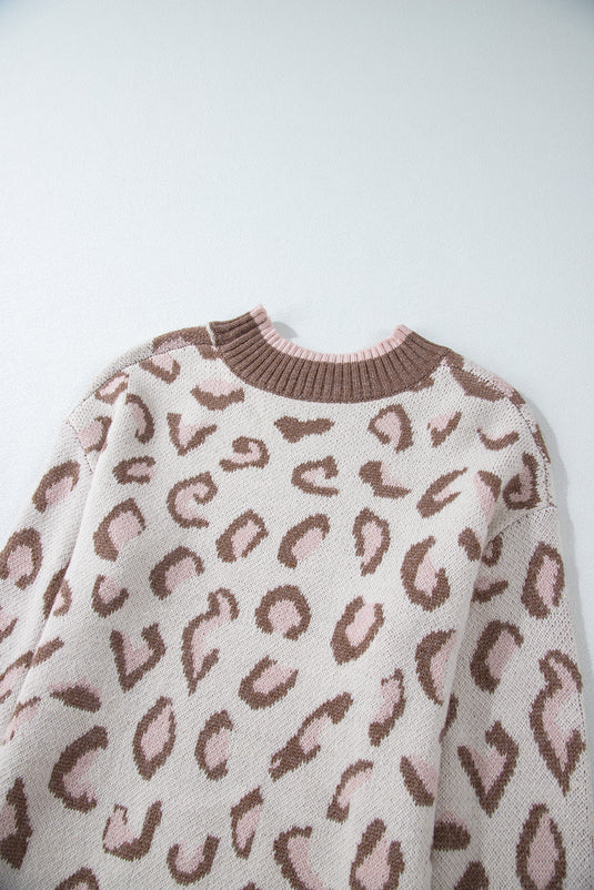 DLLS62 - Brown Two-tone Ribbed Trim Contrast Leopard Sweater