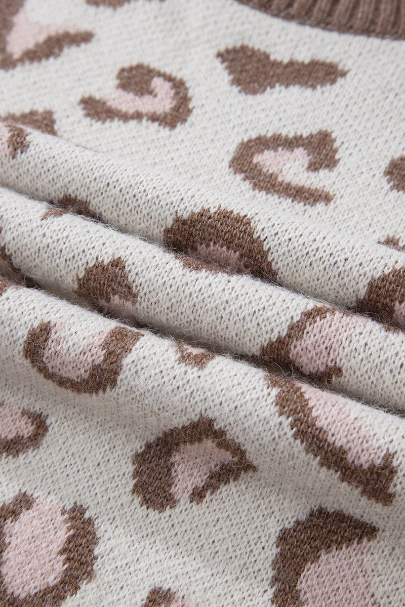 Load image into Gallery viewer, DLLS62 - Brown Two-tone Ribbed Trim Contrast Leopard Sweater
