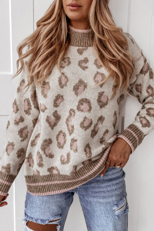 DLLS62 - Brown Two-tone Ribbed Trim Contrast Leopard Sweater