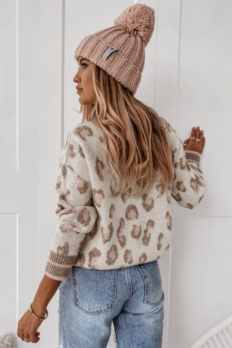 Load image into Gallery viewer, DLLS62 - Brown Two-tone Ribbed Trim Contrast Leopard Sweater
