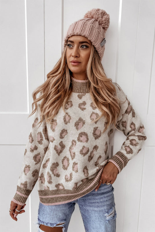 DLLS62 - Brown Two-tone Ribbed Trim Contrast Leopard Sweater