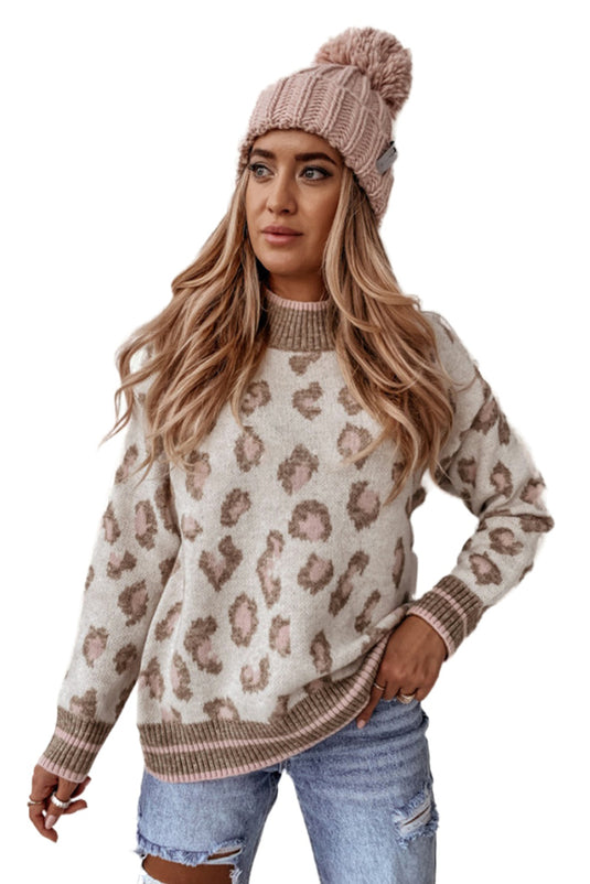 DLLS62 - Brown Two-tone Ribbed Trim Contrast Leopard Sweater