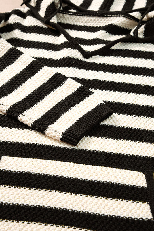 DLLS45 -White Stripe V Neck Pocketed Drawstring Hooded Sweater