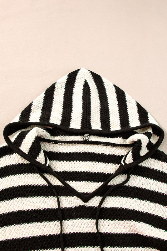 DLLS45 -White Stripe V Neck Pocketed Drawstring Hooded Sweater