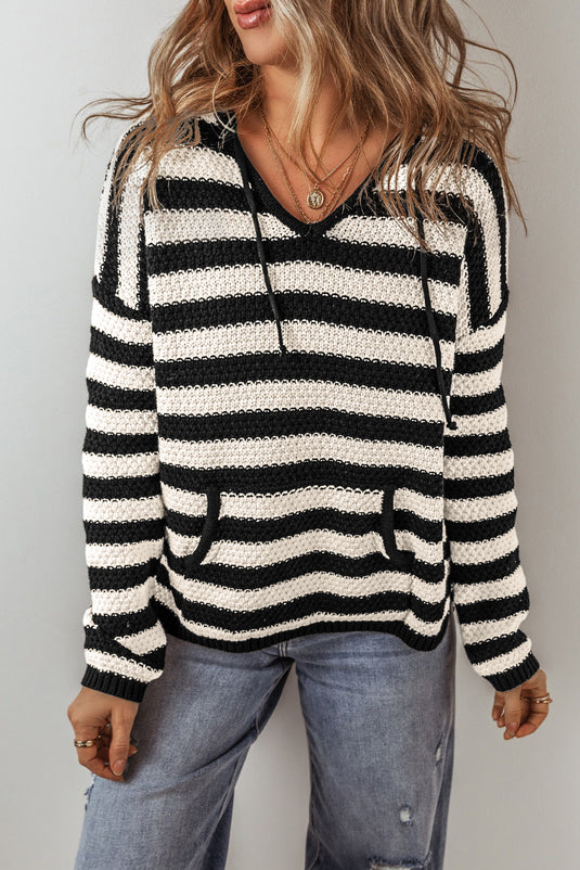DLLS45 -White Stripe V Neck Pocketed Drawstring Hooded Sweater