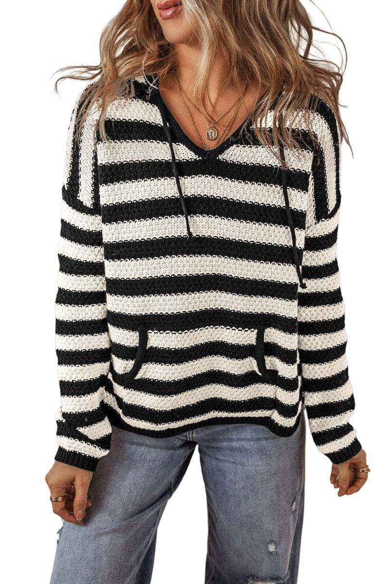 Load image into Gallery viewer, DLLS45 -White Stripe V Neck Pocketed Drawstring Hooded Sweater
