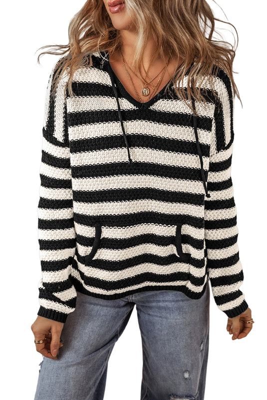 DLLS45 -White Stripe V Neck Pocketed Drawstring Hooded Sweater
