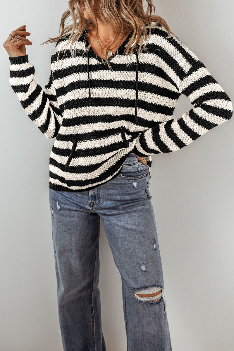 Load image into Gallery viewer, DLLS45 -White Stripe V Neck Pocketed Drawstring Hooded Sweater
