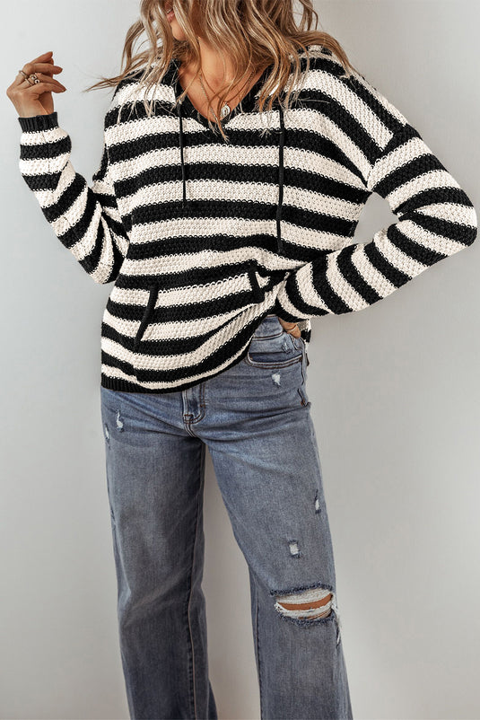 DLLS45 -White Stripe V Neck Pocketed Drawstring Hooded Sweater