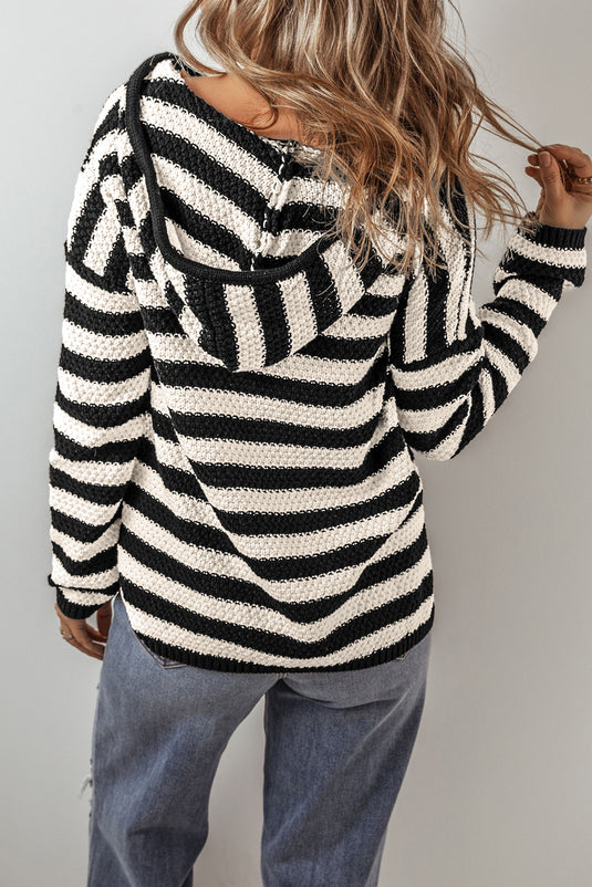 DLLS45 -White Stripe V Neck Pocketed Drawstring Hooded Sweater