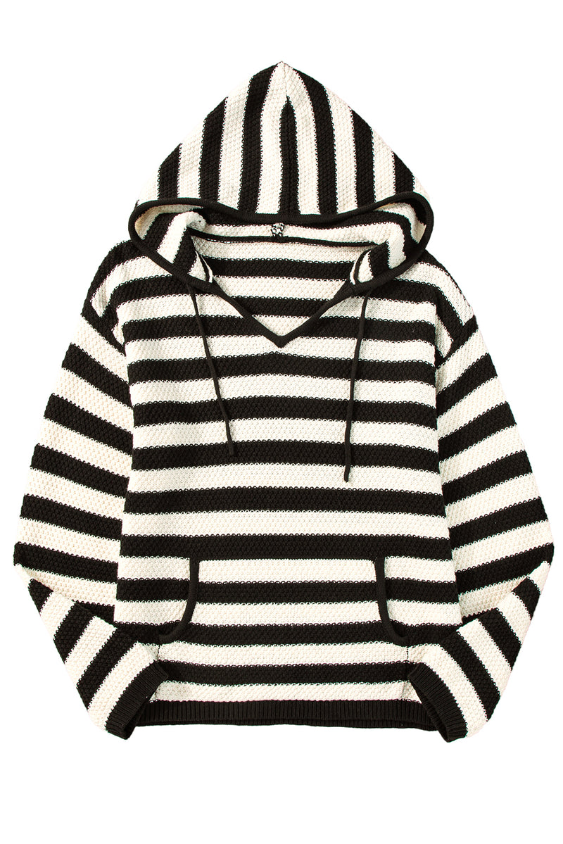 Load image into Gallery viewer, DLLS45 -White Stripe V Neck Pocketed Drawstring Hooded Sweater

