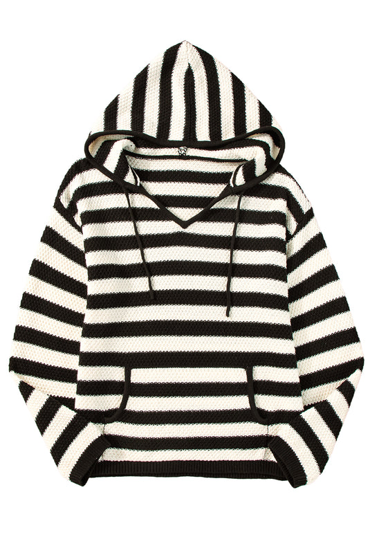 DLLS45 -White Stripe V Neck Pocketed Drawstring Hooded Sweater