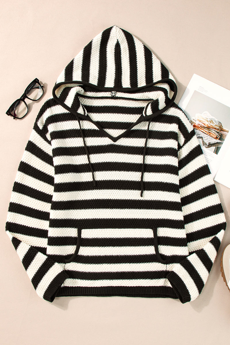 Load image into Gallery viewer, DLLS45 -White Stripe V Neck Pocketed Drawstring Hooded Sweater
