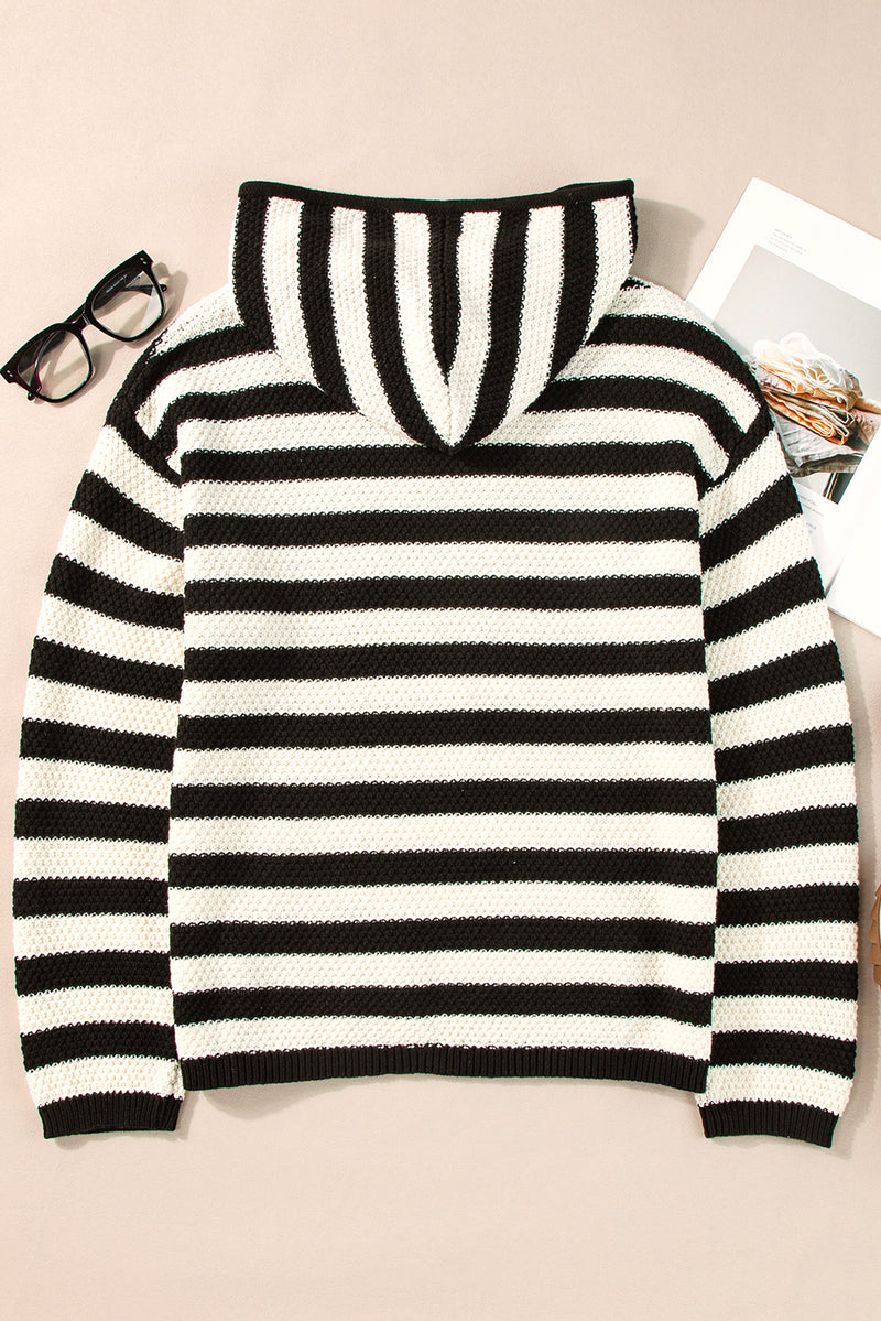 Load image into Gallery viewer, DLLS45 -White Stripe V Neck Pocketed Drawstring Hooded Sweater
