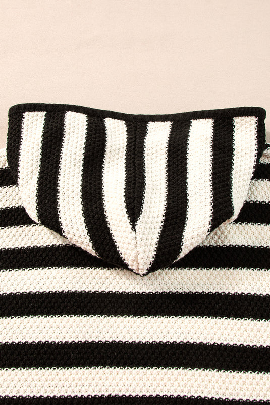 DLLS45 -White Stripe V Neck Pocketed Drawstring Hooded Sweater