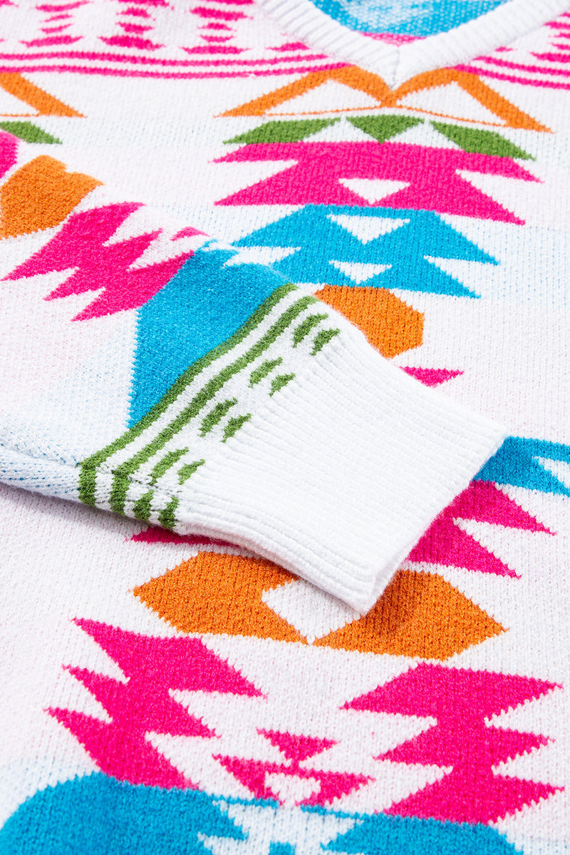 Load image into Gallery viewer, DLLS86 - White Oversize Aztec Print High Low V Neck Sweater

