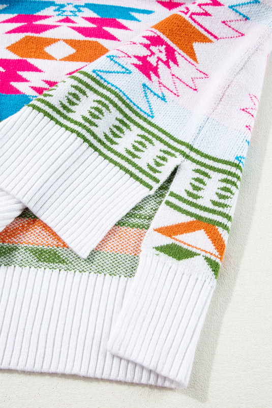 DLLS86 - White Oversize Aztec Print High Low V Neck Sweater