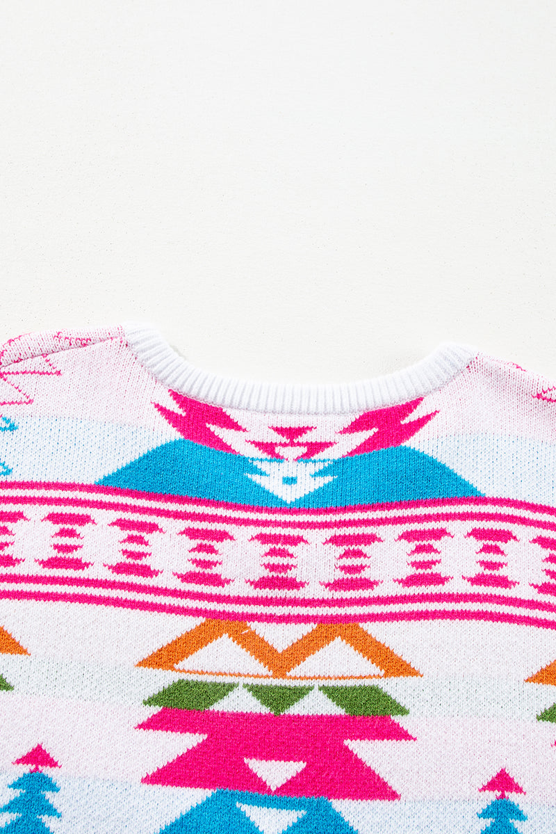 Load image into Gallery viewer, DLLS86 - White Oversize Aztec Print High Low V Neck Sweater
