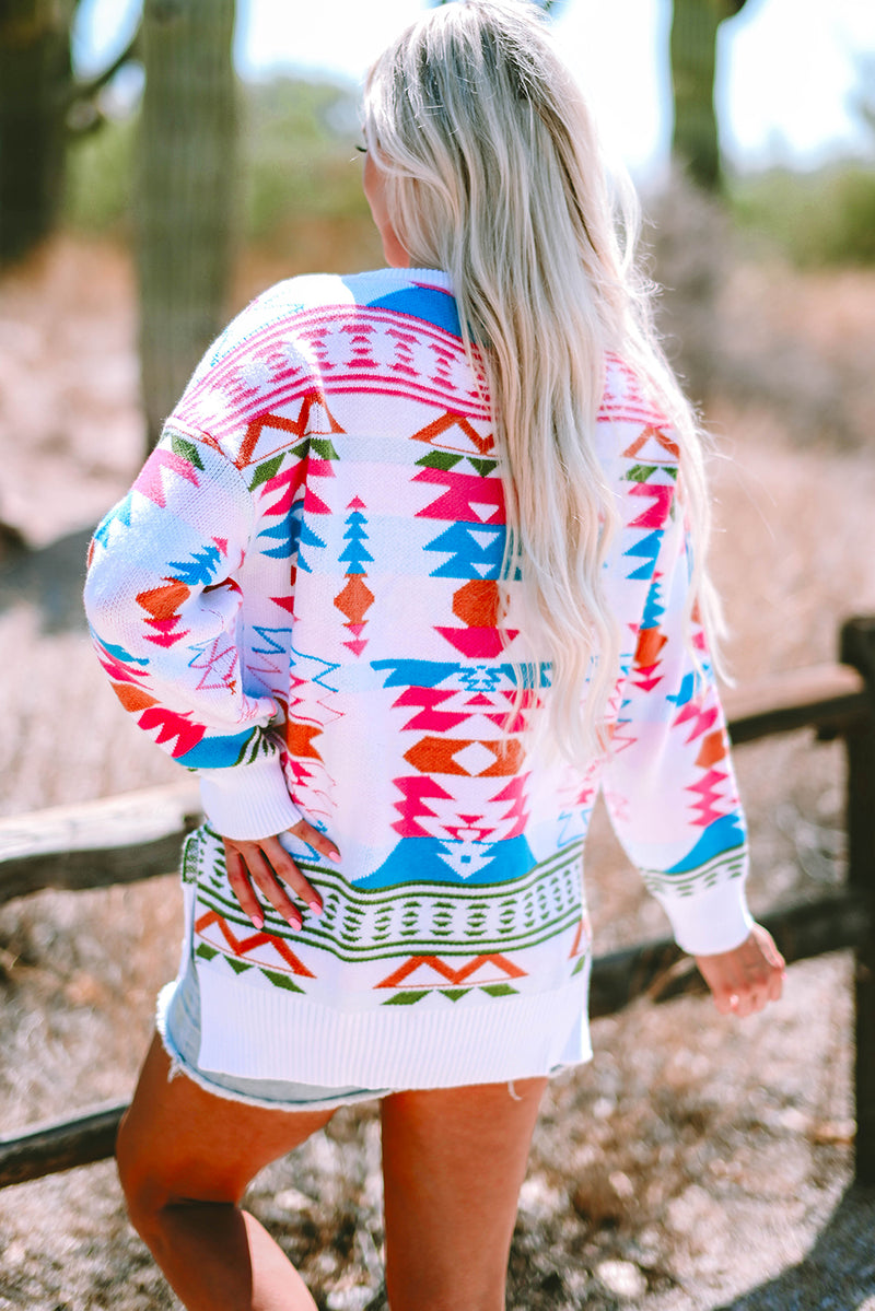 Load image into Gallery viewer, DLLS86 - White Oversize Aztec Print High Low V Neck Sweater
