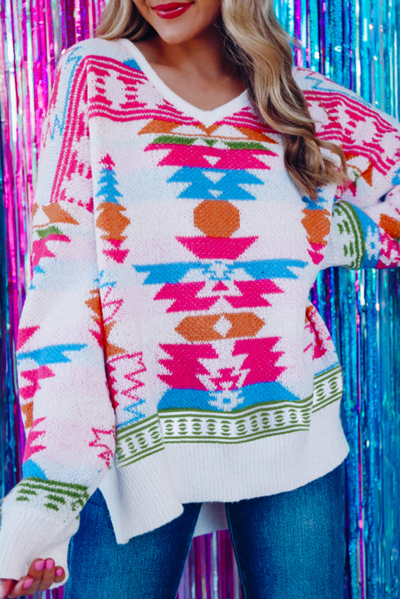 Load image into Gallery viewer, DLLS86 - White Oversize Aztec Print High Low V Neck Sweater
