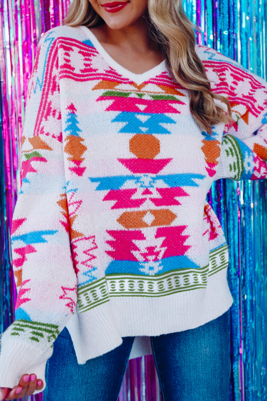 DLLS86 - White Oversize Aztec Print High Low V Neck Sweater