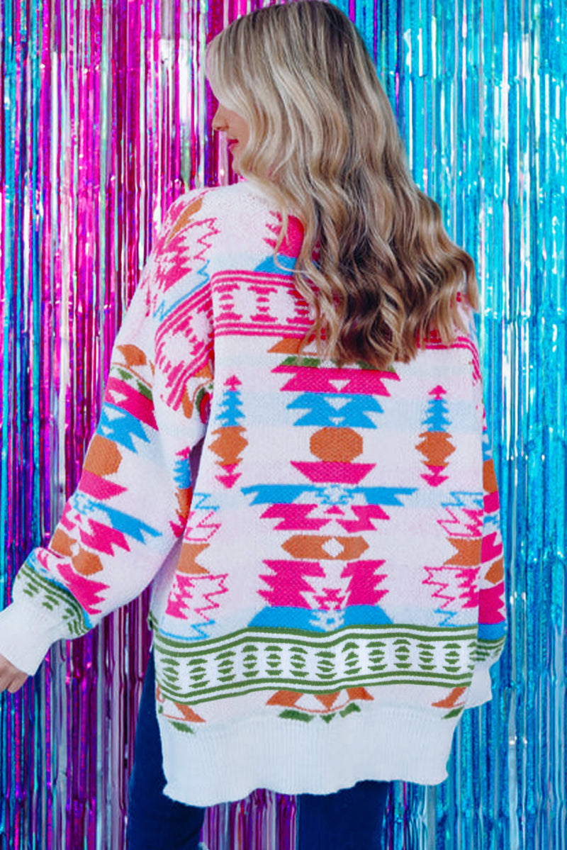 Load image into Gallery viewer, DLLS86 - White Oversize Aztec Print High Low V Neck Sweater
