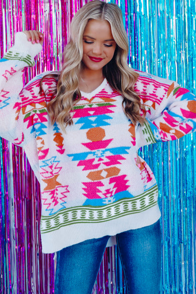 Load image into Gallery viewer, DLLS86 - White Oversize Aztec Print High Low V Neck Sweater
