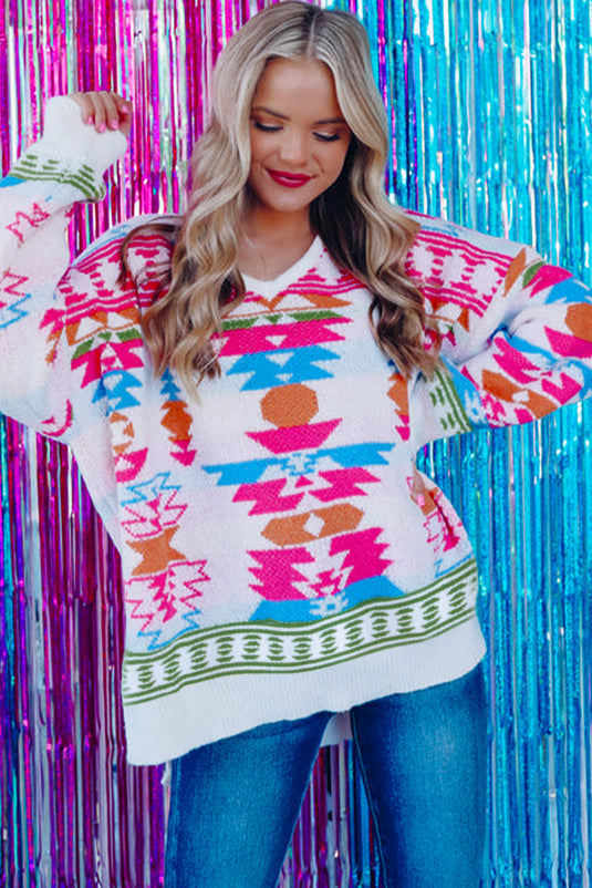 DLLS86 - White Oversize Aztec Print High Low V Neck Sweater