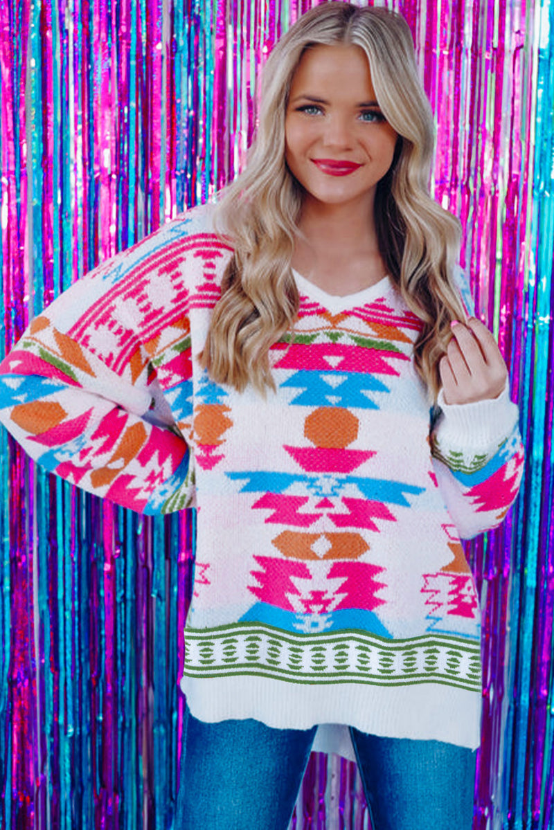 Load image into Gallery viewer, DLLS86 - White Oversize Aztec Print High Low V Neck Sweater
