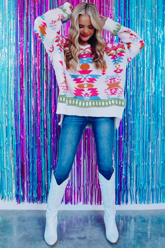DLLS86 - White Oversize Aztec Print High Low V Neck Sweater