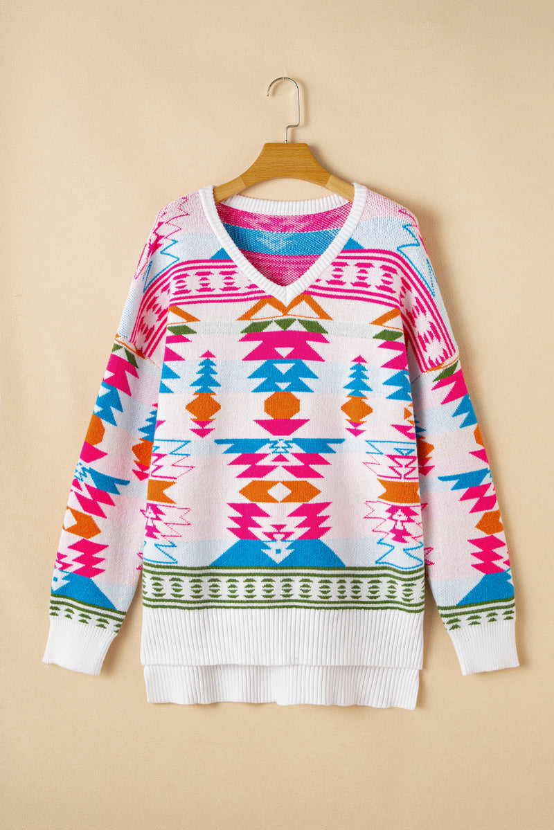 Load image into Gallery viewer, DLLS86 - White Oversize Aztec Print High Low V Neck Sweater

